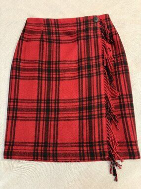 Vintage Cambridge Country Red Black Plaid Wool Blend Fringe Wrap Skirt 6
